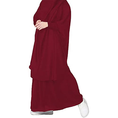 FPOVFPO Womens Muslim Solid Abaya 2 Piece Prayer Dress with Hijab Islamic Maxi Kaftan Dubai Ramadan Full Length Dress - color: Red Wine