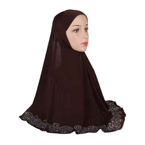 ZGMYC Women Shiny Rhinestones Muslim Hijab Elegant Long Turban Cap Head Wrap Scarf - color: Coffee(golden Beads & Rhinestones)