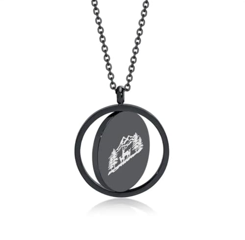 Religious Christian Cross/Freemasonry/Mountain Forest Jewelry 25mm Stainless Steel Round ID Tag Spinner Pendant Necklaces,Hiking Camping Lover Gift - style: Black-Forest Deer Family B