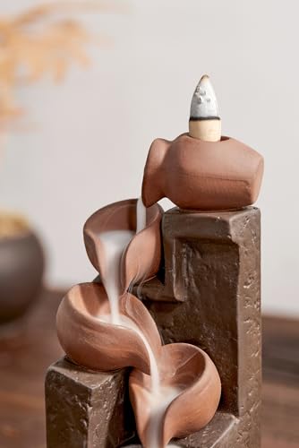 Unique Cascading Basins Ceramic Waterfall Incense Holder, Paired with a Pack of Backflow Incense Cones. (Primary) - color: Primary