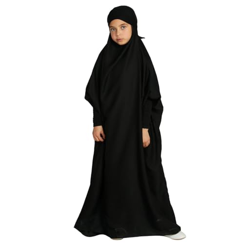 IDOPIP Muslim Dress for Girls One Piece Long Sleeve Islamic Prayer Dress with Hijab Casual Maxi Kaftan Abaya Gown Clothes - color: Black, size: 6-7 Years