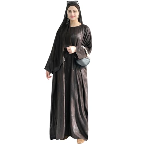 khalat Abaya Muslim Dress Women Satin Jacquard Prayer Dress Batwing Long Sleeve Islamic Dubai Robe with Chiffon Hijab - color: Coffee