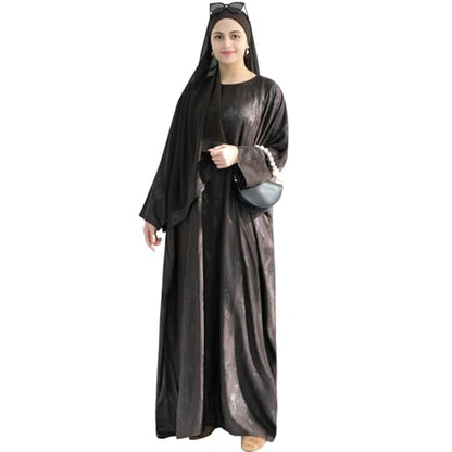 khalat Abaya Muslim Dress Women Satin Jacquard Prayer Dress Batwing Long Sleeve Islamic Dubai Robe with Chiffon Hijab - color: Coffee