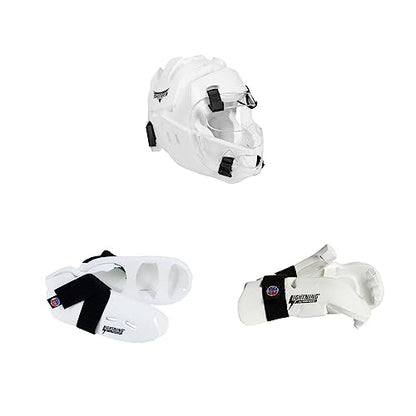 ProForce Lighting 5 Piece Sparring Gear Combo Set with Full Head face mask - color: red, size: adult small 7-7.5 shoes