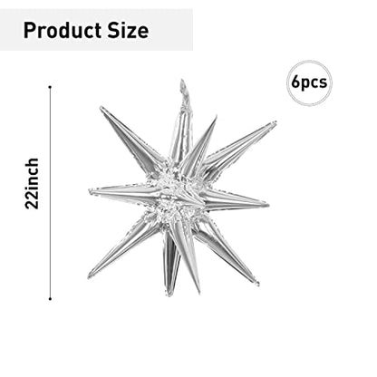 6 Pcs Silver Star Foil Balloons One-Piece 14-Pointed Star Balloon 4D Starburst Cone Mylar Balloon 22inch Christmas Birthday Wedding Wedding Anniversary Party Supplies(Silver) - color: 22 Inches Silver