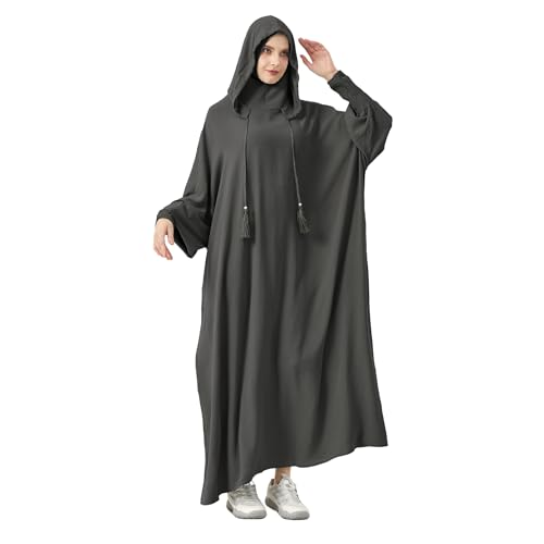 Abaya Muslim Dress Women Prayer Dress Long Sleeve Hooded Loose Maxi Dress Arabian Dubai Islamic Clothes - color: Dark Gray
