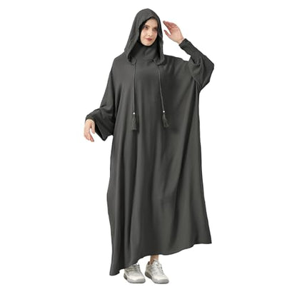 Abaya Muslim Dress Women Prayer Dress Long Sleeve Hooded Loose Maxi Dress Arabian Dubai Islamic Clothes - color: Dark Gray