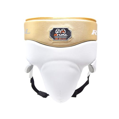 RIVAL Boxing RNFL100 Professional No-Foul Groin Protector with Laces, Dual Waist Straps, Ultra-Lightweight Construction, and Super-Rich Microfibre PU - color: White/Gold, size: Medium