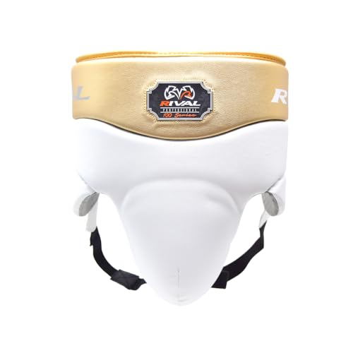 RIVAL Boxing RNFL100 Professional No-Foul Groin Protector with Laces, Dual Waist Straps, Ultra-Lightweight Construction, and Super-Rich Microfibre PU - color: White/Gold, size: Large