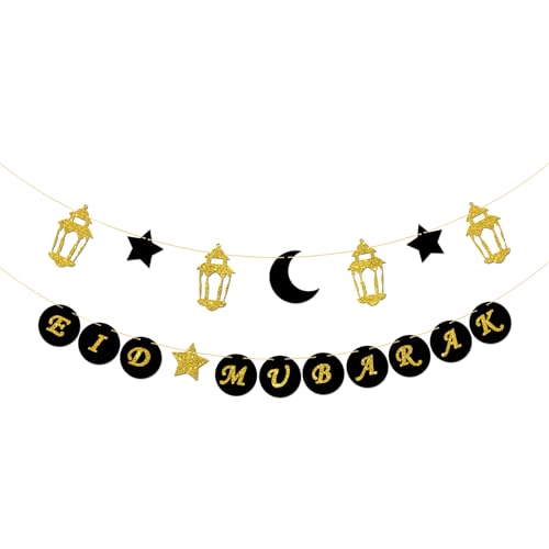 Talorine Eid Mubarak Banner Muslim Islam Ramadan Mubarak Bunting Banner with Lantern Moon Star Signs Eid Al-fitr Festival Celebration Garland Party Decorations Black Gold - color: Black