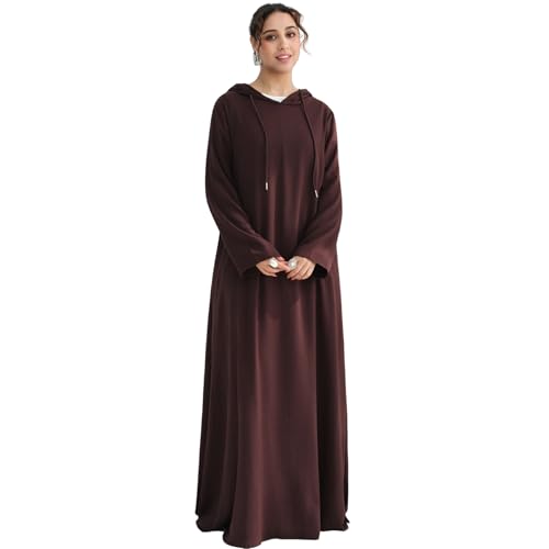 Muslim Abaya Dress for Women Lightweight Hoody Pockets Islamic Prayer Robe - color: Dark Coffee, size: Small