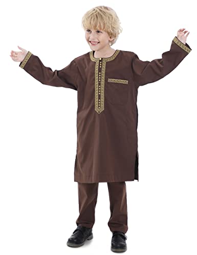 Boy's Muslim Clothing Kaftan Set - Middle East Youth Embroidered Robe Suit Round Neck Islamic Dress Arabic Wear - color: Brown, size: 19