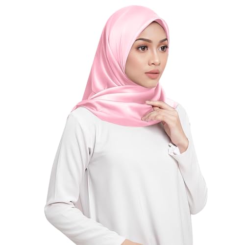 Elegant Satin Jersey Muslim Hijab Scarf Square Soft Head Wrap Scarves Shawl for Women Girls - color: Light Pink(90*90cm)