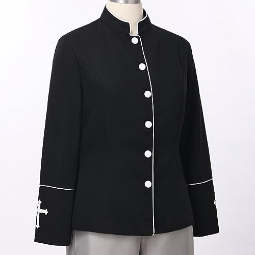 FAD-4U Women Long Sleeves Clergy Coat with Stand Up Collar Button Down Pastor Clergy Dresses - color: Black, size: XX-Large
