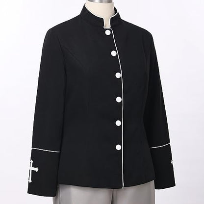 FAD-4U Women Long Sleeves Clergy Coat with Stand Up Collar Button Down Pastor Clergy Dresses - color: Black, size: XX-Large
