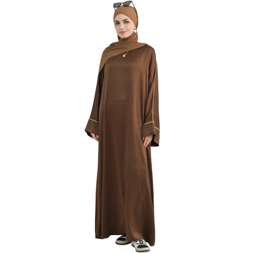 Muslim Praying Dress for Women Silk Glossy Back Zipper Robe Wear Gold Trim Modest Abaya Dress with Hijab - color: Coffee, size: Medium