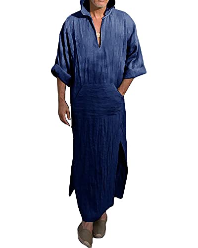 YAOHUOLE Men's Long Sleeve Kaftan Side Split Long Gown Thobe Hooded Men Caftan - color: Navy, size: 3X-Large