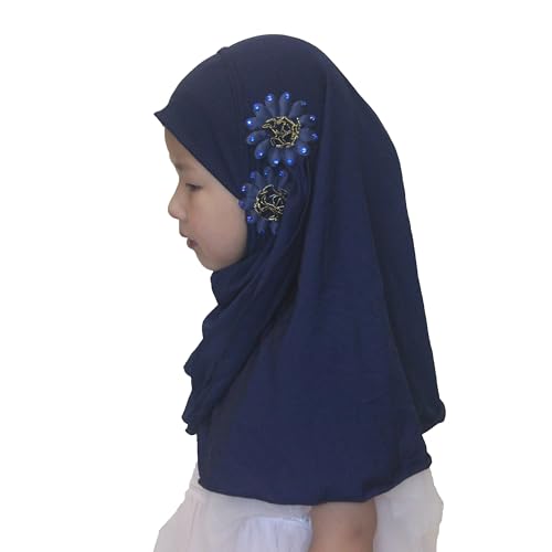 Soft Instant Hijab for Kids Girls Muslim Headscarf Islamic Scarf Shawl Wrap with Flowers - color: Navy Blue-2 Flowers