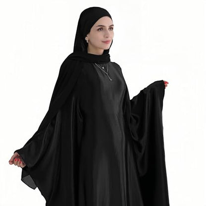 Abaya Muslim Women Dress Satin Batwing Sleeve Kaftan Maxi Arabian Dubai Islamic Ramadan Prayer Dress with Hijab Scarf - color: Black