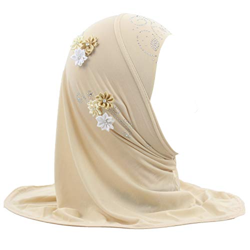 Instant Hijab for Kids Girls Hijabs Muslim Islamic Head Scarf with Rhinestone and Flowers - color: Cream