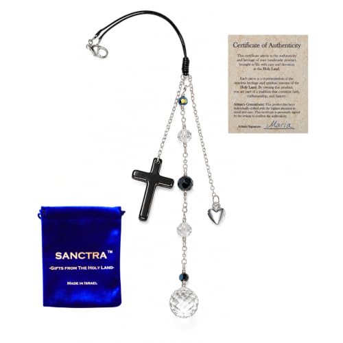 Christian Rearview Mirror Car Charm, Handmade and Blessed in the Holy Land, Sun Catcher for Faith and Protection with Gift Pouch and Certificate - color: Silver-Black