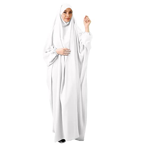 FPOVFPO Womens One-Piece Solid Abaya Muslim Prayer Dress Islamic Maxi Kaftan with Hijab Dubai Full Length Dress - color: White