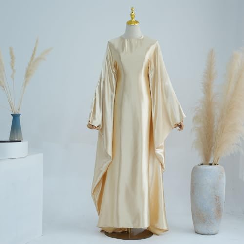 Muslim Dress Women Abaya Elegant Satin Prayer Dress Batwing Long Sleeve with Hijab Arab Islamic Dubai Ramadan Robe - color: Beige