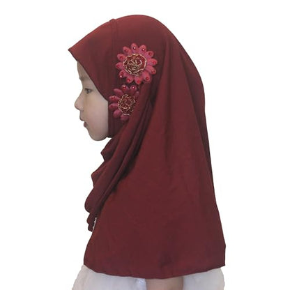 Soft Instant Hijab for Kids Girls Muslim Headscarf Islamic Scarf Shawl Wrap with Flowers - color: Wine Red-2 Flowers