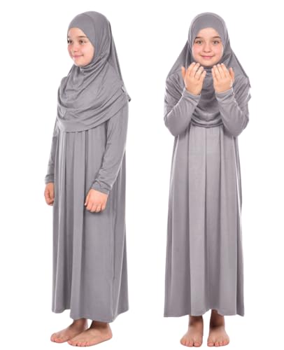 Prien Kids Prayer Dress Muslim Clothes for Girls Long Sleeve Abaya with Hijab Two Piece Maxi Islamic Set Scarf Kaftan Jilbab - color: Grey