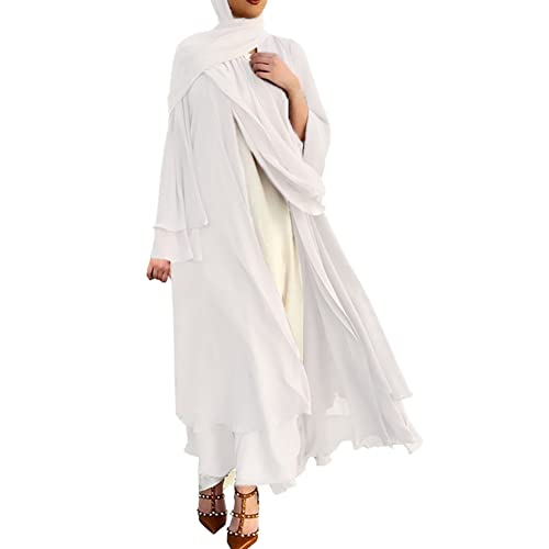 Abayas for Women Muslim Dubai Dress Solid Loose Fit Long Cardigan Islamic Kaftan Robe Open Front Maxi Length - color: White, size: Medium