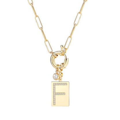Mint & Lily Gold Initial Necklace for Women – 18K Gold Plated 24” Paperclip Chain with Sparkling Letter Pendant - style: Letter: F