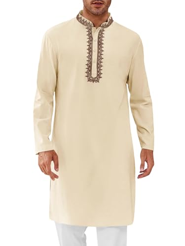 Runcati Mens Kaftan Thobe Cotton Henley Shirt Long Sleeve Embroidery Robe Casual Kurta Muslim Gown Shirt - color: Apricot, size: X-Large