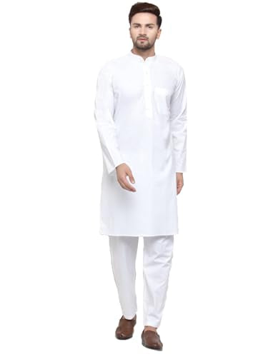 Maple Clothing Men's Kurta Pajama White Cotton Indian Clothes - size: Large