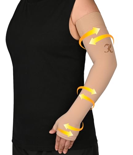 KEKING Lymphedema Compression Arm Sleeve with Gauntlet for Women Men, 20-30 mmHg Medical Graduated Compression Arm Brace, Full Arm Support Brace for Pain Relief, Arthritis, Swelling, Single Beige XL - color: Beige, size: X-Large