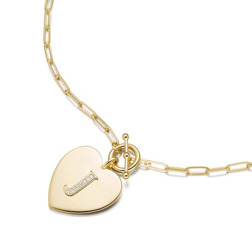 14K Gold Filled Heart Initial Necklace for Women, Dainty Alphabet Pendant Necklace with Paperclip Chain, Hypoallergenic Jewelry Gift for Her - color: Letter J
