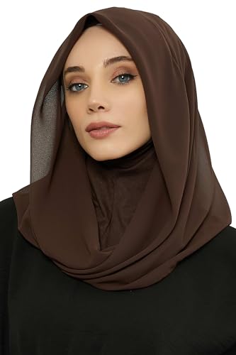 Aisha's Design Pre-tied Cotton-Chiffon Scarf for Women Practical Veil Instant Scarf Hijab Stylish Design - color: Brown
