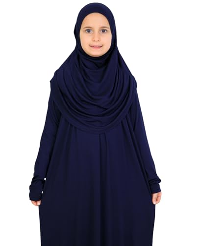 Prien Kids Muslim Prayer Dress With Hijab & Pouch, Soft Viscose Abaya For Girls, Islamic Clothes, Robe For Eid, Ramadan - color: Navy Blue