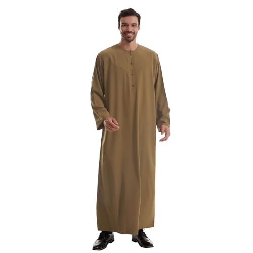 IWEMEK Men Muslim Thobe Long Sleeve Kaftan Robe with Pockets Saudi Arabic Thobe Ramadan Middle East Dubai Islamic Abaya Dress - color: Brown, size: Small
