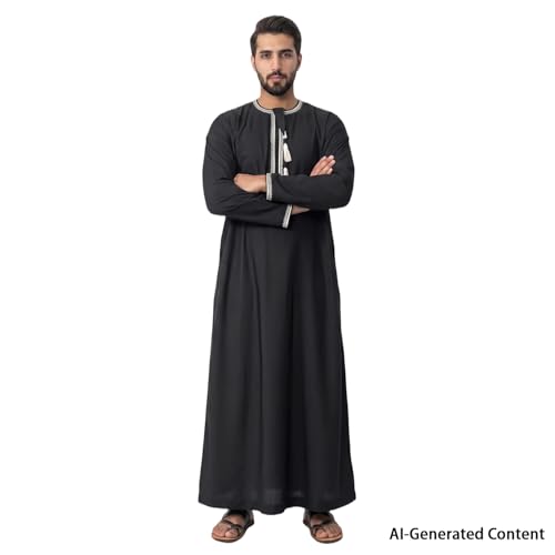 Kaftan for Men Muslim Gown Islamic Thobe Shirts Ramadan Abaya Dubai Arab Robe Long Sleeve Middle Eastern Kaftan - color: Black, size: Medium