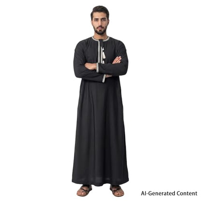 Kaftan for Men Muslim Gown Islamic Thobe Shirts Ramadan Abaya Dubai Arab Robe Long Sleeve Middle Eastern Kaftan - color: Black, size: Medium