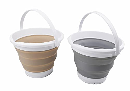 SAMMART 5.5L (1.4 Gallon) Collapsible Plastic Bucket - Foldable Round Tub - Portable Fishing Water Pail - Space Saving Outdoor Waterpot (Grey + Latte (Set of 2)) - color: Grey + Latte (Set of 2)