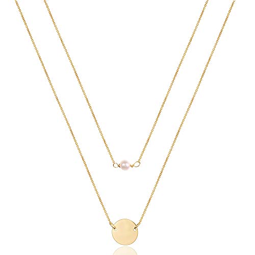 Turandoss Dainty Layered Choker Necklace, Handmade Y Pendant Necklace Multilayer Bar Disc Necklace Adjustable Layering Choker Necklaces for Women - style: 2PCS - simulated Pearl&Disc