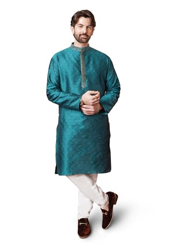 Sojanya (Since 1958 Men'S Teal Silk Blend Kurta Churidar Pyjama Set - color: Teal Green and Off White, size: Medium