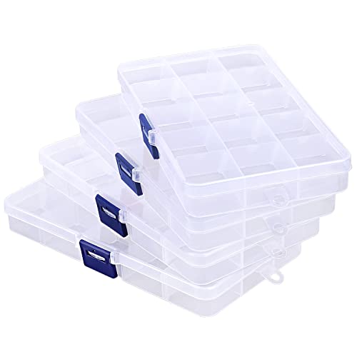 Rhinestone Organizer for Nails, 4PCS Cosics 15-Grid Clear Plastic Acrylic Nail Organizers & Storage Case with Movable Dividers, Empty Jewelry Nail Art Storage Containers Holder, Beading Box with Lids - color: 4PCS-Blue Buckle*4, size: Small-6.7” x 3.7“