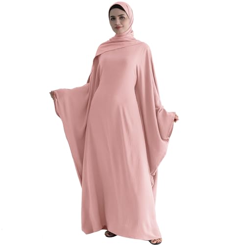 ODIZLI Abayas 여성용 무슬림 두바이 풀 커버 카프탄 셔츠 드레스 배트윙 슬리브 히잡 기도 드레스 - color: 핑크 + 히잡, size: 단일 사이즈
