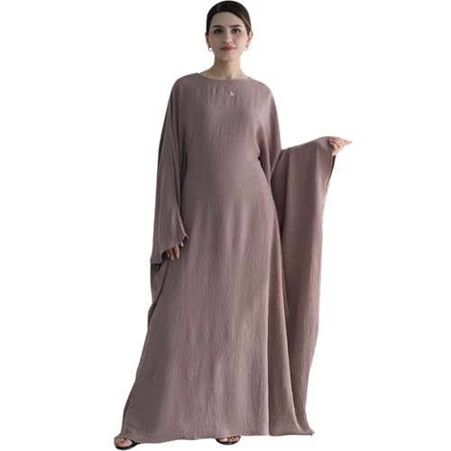 Women Muslim Abaya Dress 1Piece Bat Sleeve Islamic Maxi Robe Fashion Jilbab for Women Eid Kaftan Muslim Robe - color: Ash Pinka, size: Large