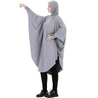 Muslim Abaya Dress for Women Highly Stretchy Batwing Hooded Prayer Hijab - color: Gray, size: X-Large