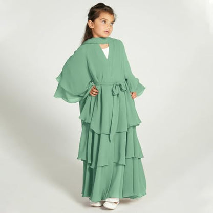 Chiffon layered Open Abaya Dubai Kaftan Muslim Cardigan Abayas Dresses For Girls Casual Robe Kimono Islam Clothing - color: Mint Green, size: 9-10 Years