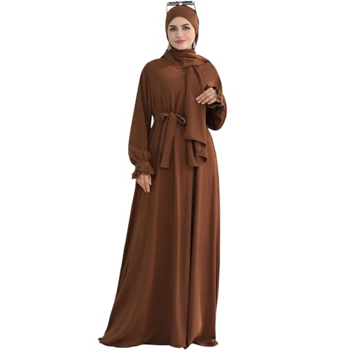 Women Muslim Dress Middle East Arabian Robe Islamic Modest Dress with Hijab Scarf Lace Sleeve Flowy Abaya Dress - color: Coffee