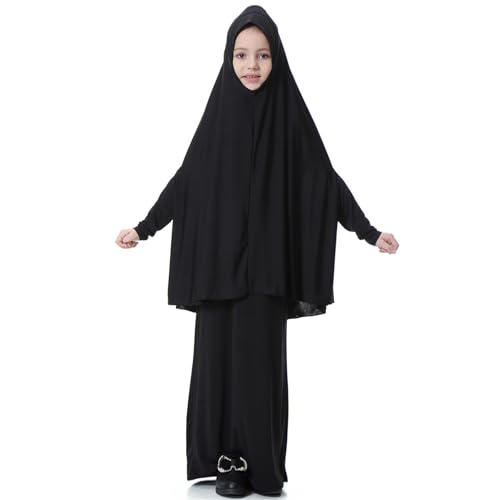 Girls Prayer Dress Muslim Abaya with Hijab 2pcs for Teen Girl Long Sleeve Islamic Maxi Set Arabic Ramadan Jilbab Eid Clothing - color: B-black, size: 13-14 Years